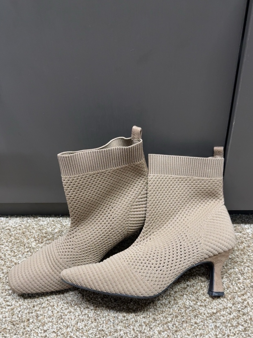 Beige / Tan Knit Sock Booties with Kitten Heel - Women